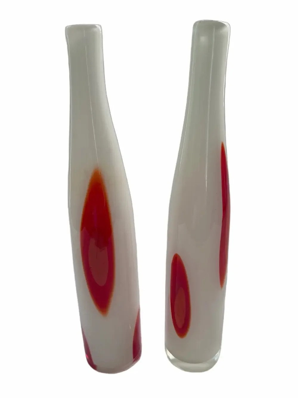 2 Vintage Murano Hand-Blown Art Glass Vases White Base Red Pulled Cane Dots